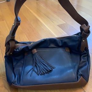 Blue and brown shoulder bag